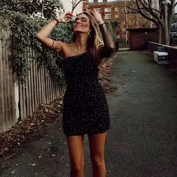 ZARA Dress One Shoulder Black Rhinestone Size XS • BLOGGER FAVORITE • - Picture 8 of 17